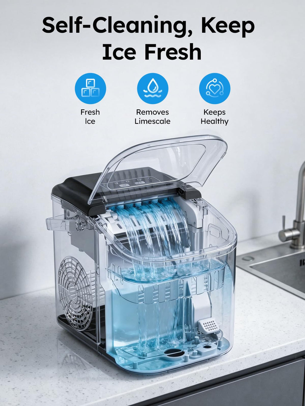 Ice Makers Countertop, 26lbs in 24Hrs, 8 Ice Cubes Ready in 6 Mins, Self-Cleaning Portable Ice Machine with Handle, Countertop Ice Maker with Basket and Scoop for Home/Kitchen/Camping/RV