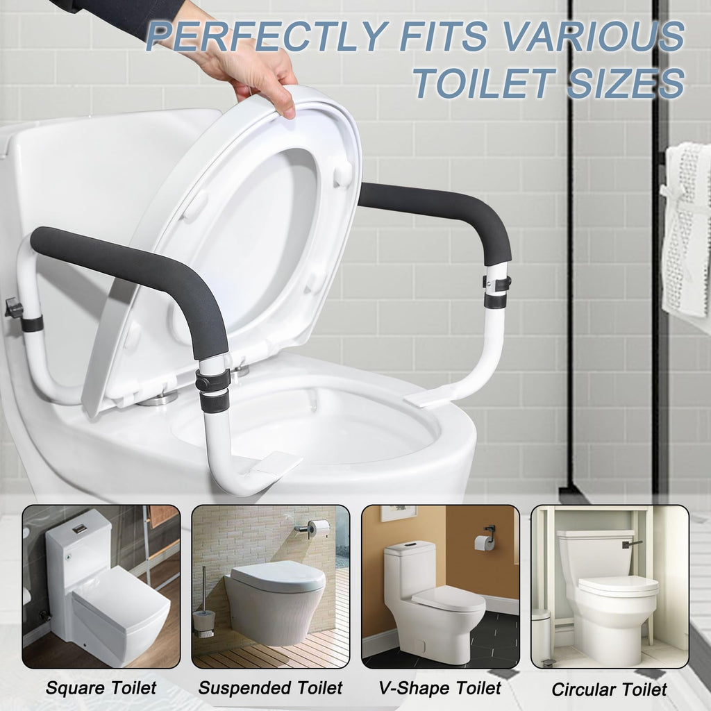 Toilet Safety Rail, Toilet Grab Bars for Seniors and Disabled with Adjustable Width, Toilet Safety Frame for Seniors Supports 350lbs (White - Capacity 350 lbs)