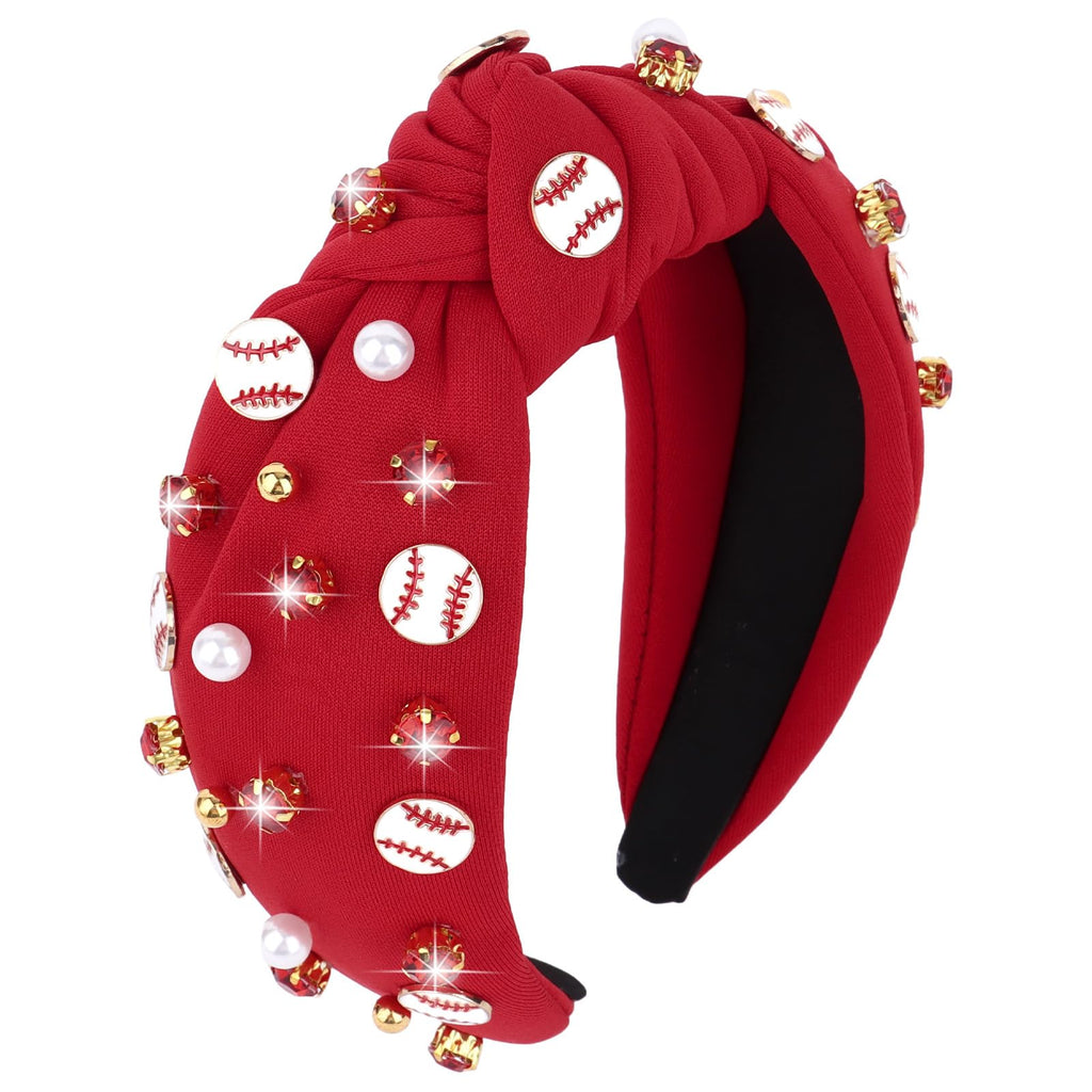 Baseball Top Knot Headband for Women & Girls - Wide Knotted Jeweled Accessory for Game Day, Sports Fan, Mom, Halloween & Christmas Gifts (Red)