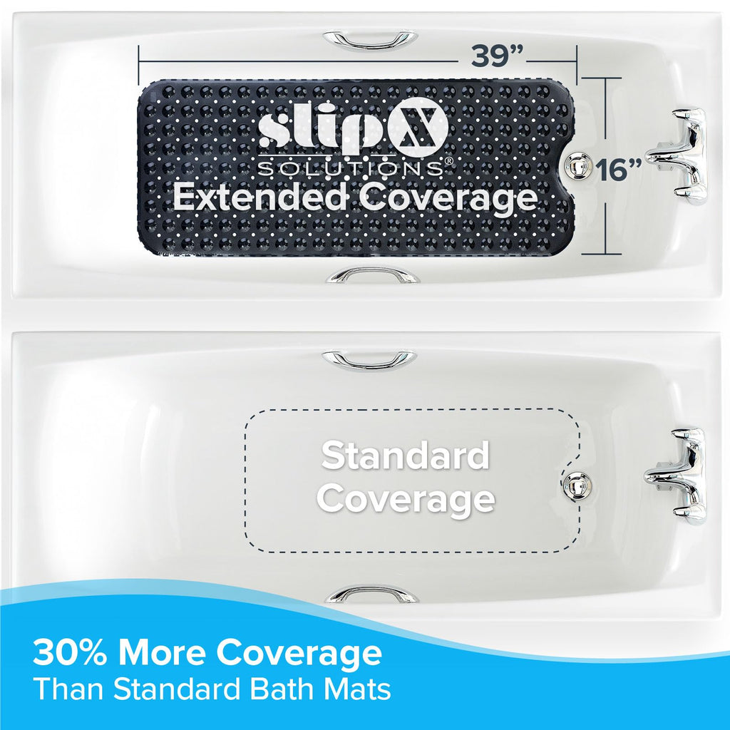 SlipX Solutions Power Grip Extra Long Bath Tub & Shower Mat 39x16, Wet Floor Non-Slip for Elderly & Kids Bathroom, 30% Longer Bathtub Mats, 200 Suction Cups, Drain Holes (1, Black)