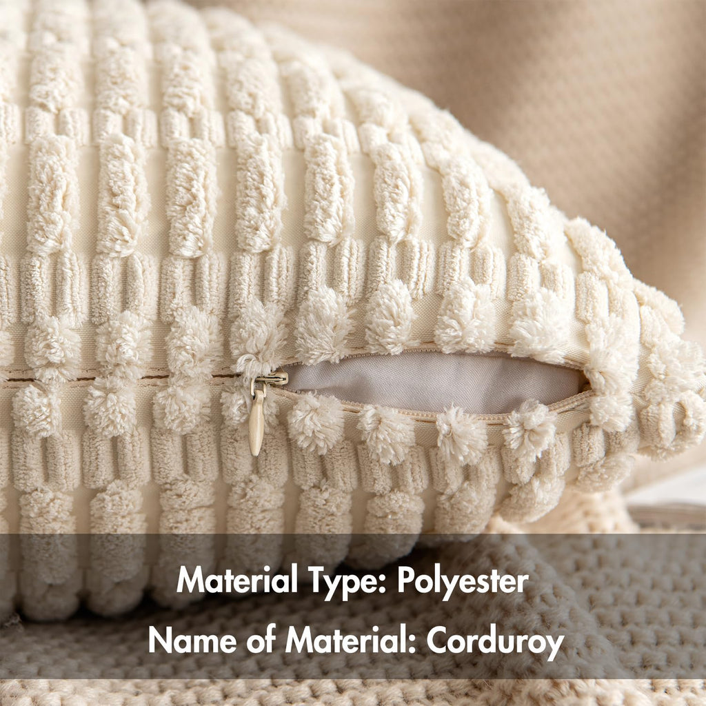 MIULEE Pack of 2 Corduroy Decorative Throw Pillow Covers 18x18 Inch Soft Boho Striped Pillow Covers Modern Farmhouse Christmas Home Decor for Sofa Living Room Couch Bed Cream White