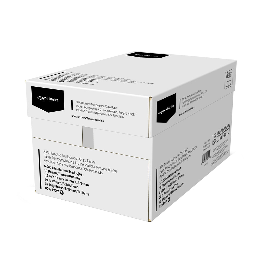 Amazon Basics Bright White 30% Recycled Multipurpose Copy Printer Paper, 8.5" x 11", 10 Reams, 5000 Count (Sheets)