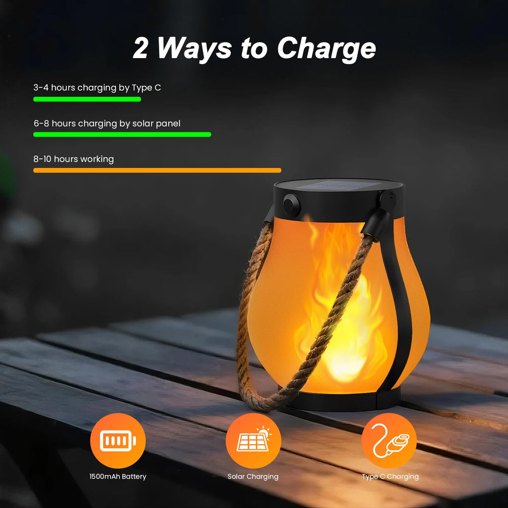 Hompavo Gen2 Solar Lanterns Outdoor Waterproof with Realistic Flickering Flame, Dual Charging (USB/Solar) & 2 Modes - Decorative Hanging/Table Lights for Yard Patio Garden Halloween Christmas Decor, 2