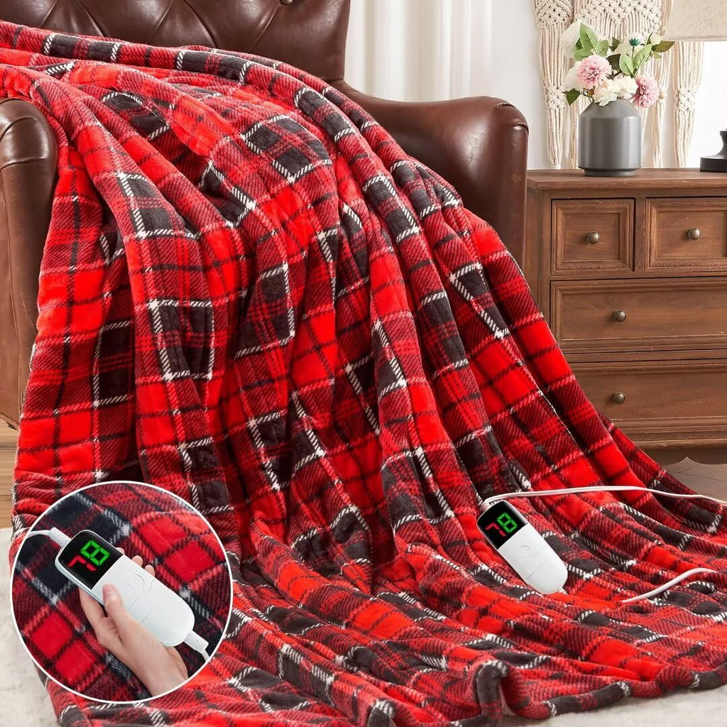 Heated Blanket Electric Throw 50X60, Christmas Heating Blanket Gift with 10 Heating Levels & 8 Hours Auto Off, Red Plaid Checkered Sherpa Blanket Warmer for Adults, Couch Bed Office Use, ETL