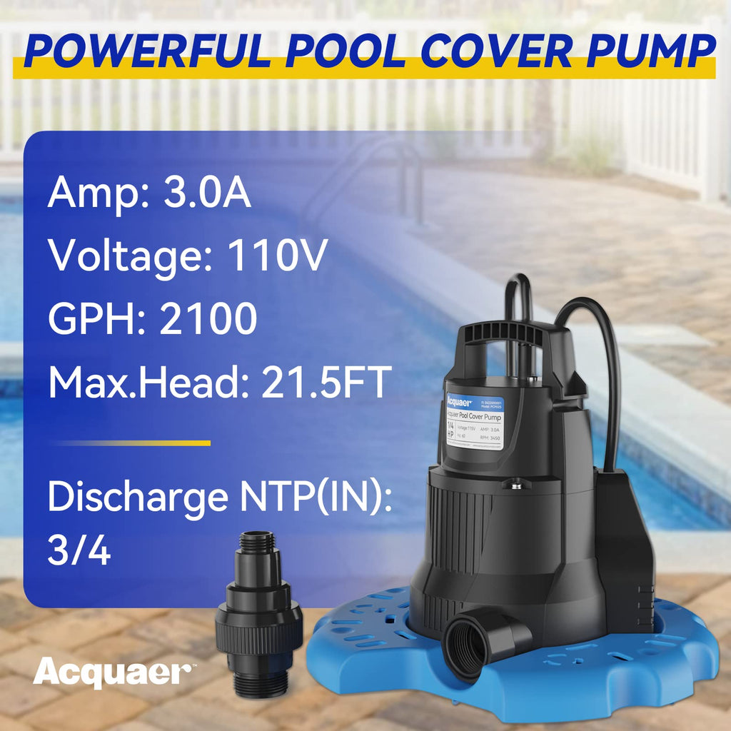 Acquaer Automatic Swimming Pool Cover Pump, Submersible Sump Pump with 3/4” Check Valve Adapter & 25ft Power Cord, Water Removal for Pool, Hot Tubs, Rooftops, Water Beds and More, 1/3 HP 2950 GPH