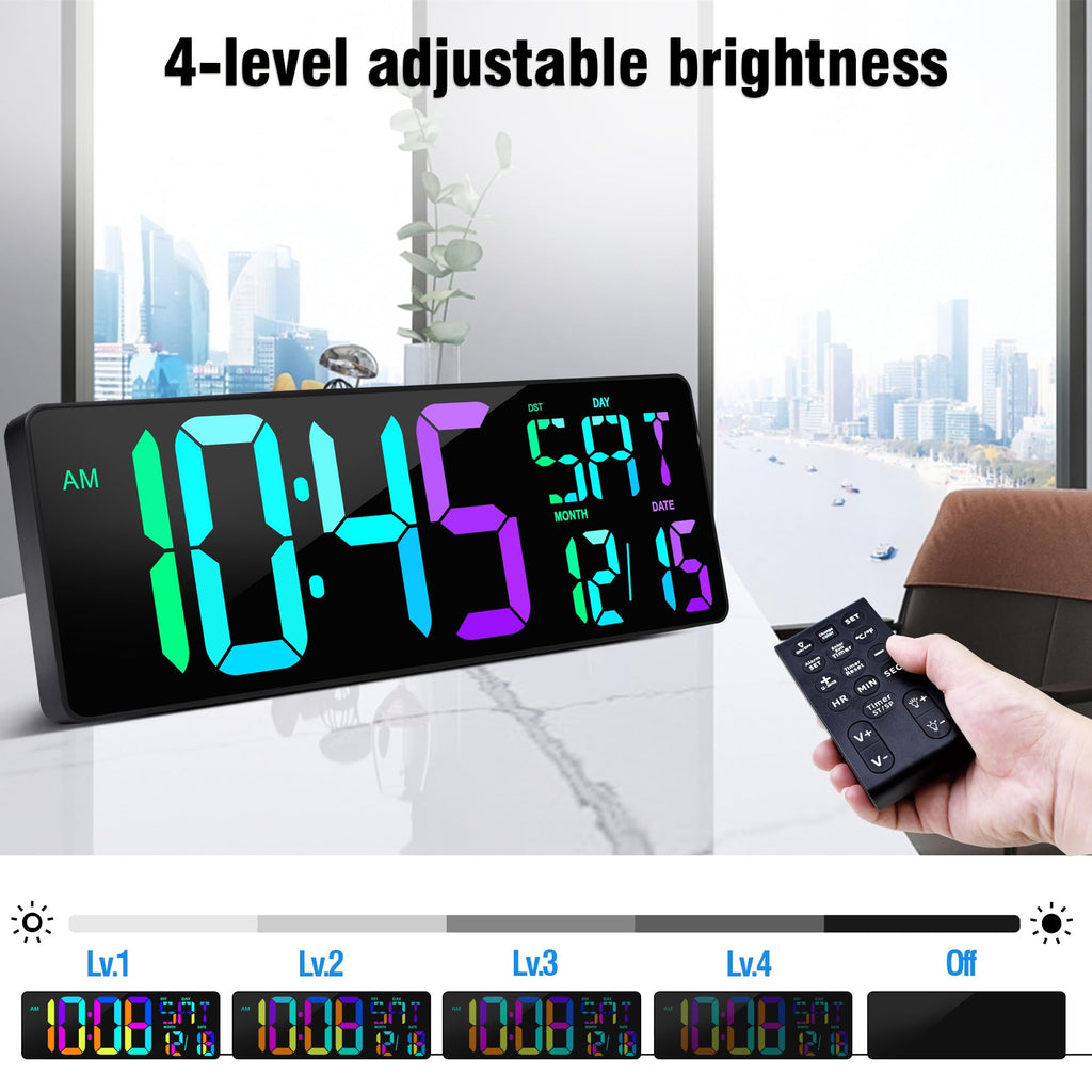 TXL Large 16.5" LED Digital Wall Clock, RGB Color Changing, Count Up/Down Timer Clock with Remote Control, Adjustable Brightness Alarm Clock for Home, Office, Gym, Elderly, Auto DST