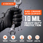 ANBOSON 10mil Heavy Duty Nitrile Gloves Large Black Disposable Rubber Gloves with Diamond Grip Anti Chemical Puncture Resistant Mechanics Guantes for Men/Auto repair/Cooking/Food Grade-Latex Free-100