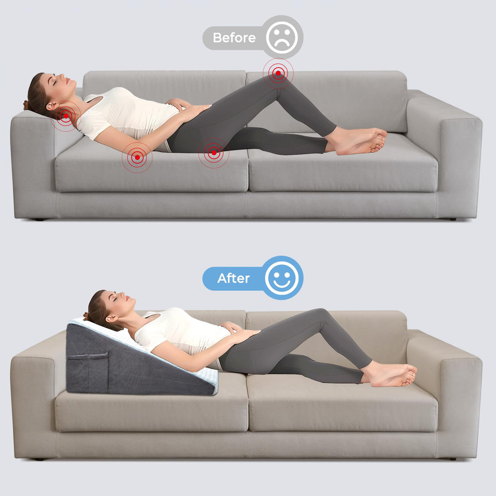puredown® 12" Bed Wedge Pillow, Cooling Gel Memory Foam for Nighttime Acid Reflux, Lumbar & Back Support, Leg Elevation Therapy, Snore Reduction Aid, Triangular Wedge Design, Detachable Washable Cover