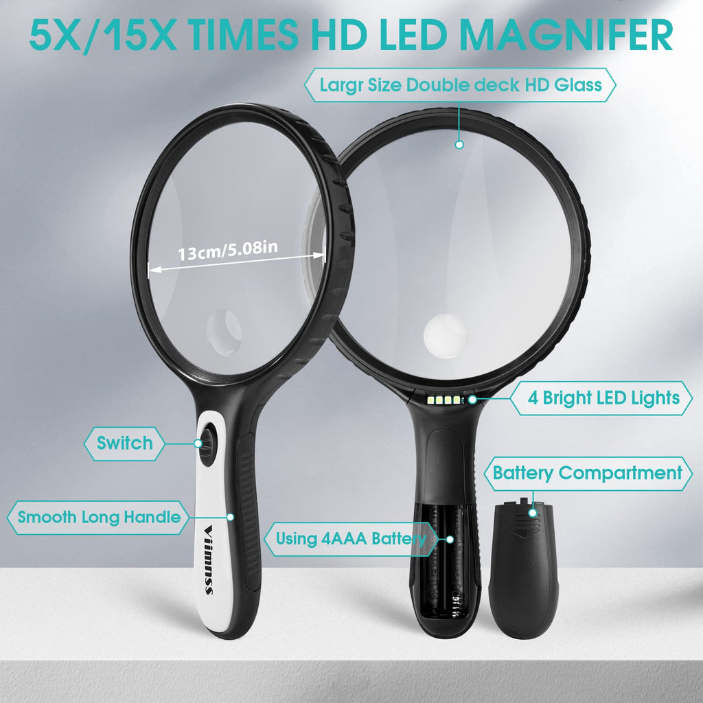 Large Magnifying Glass with Light, 5X 15X Magnifier Handheld Illuminated Lighted Magnifier with 4 LED Lights Storage Bag Clean Cloth for Seniors Reading, Inspection, Exploring