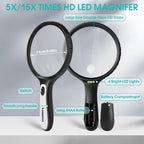 Large Magnifying Glass with Light, 5X 15X Magnifier Handheld Illuminated Lighted Magnifier with 4 LED Lights Storage Bag Clean Cloth for Seniors Reading, Inspection, Exploring