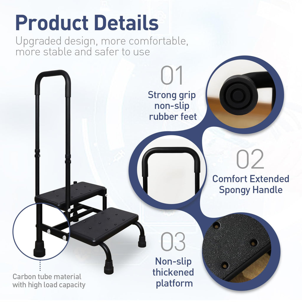 YHK Step Stool with Handle for Elderly, Heavy Duty 2 Step Stool with Handrail, Bedside Steps for High Beds for Adults, Seniors, and People with Mobility Impairments, Maximum Weight Capacity 440 lbs