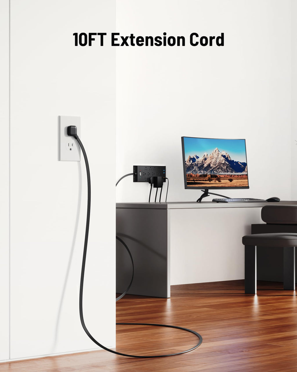Surge Protector Power Strip 4800J, 10Ft Long Extension Cord Flat Plug, 12 Outlets 2 USB C 2 USB Ports, Wall Mountable, Desk Charging Station, Black