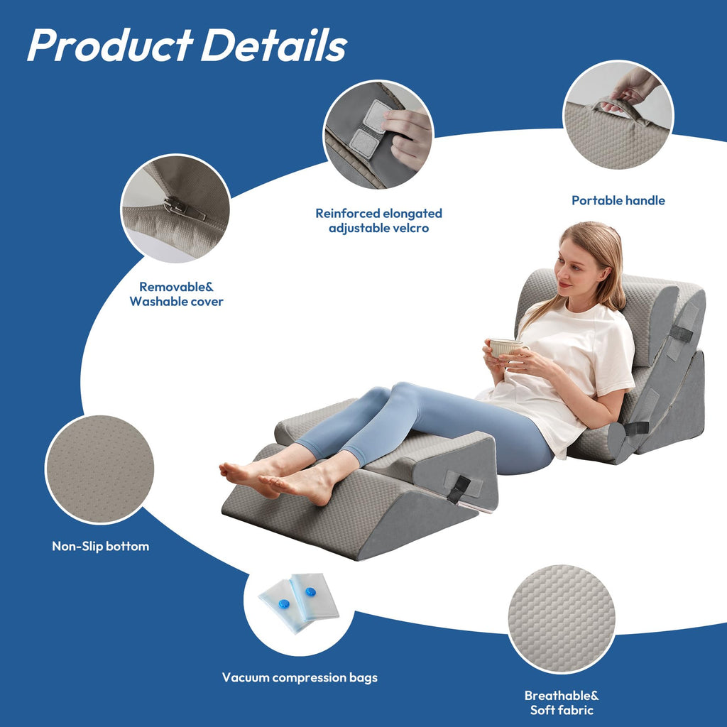 Ahpmeoa 6PCS Wedge Pillow Set for After Surgery, Sit Up Pillow for Bed, Back Support Pillow, Bed Wedge for Shoulder, Leg Pain Relief, Post Surgery Pillow for Sleeping, Acid Reflux, Grey