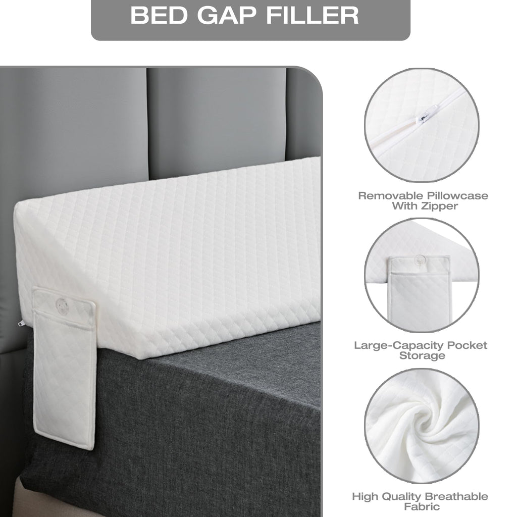 Queen Size Wedge Pillow Headboard Gap Bed Crack Filler Triangle Nora Pillows Long Plus Gap(0-8") Between Mattress and Headboards for Dorm Sleeping Backest Room Accessories Apartment Must Haves White