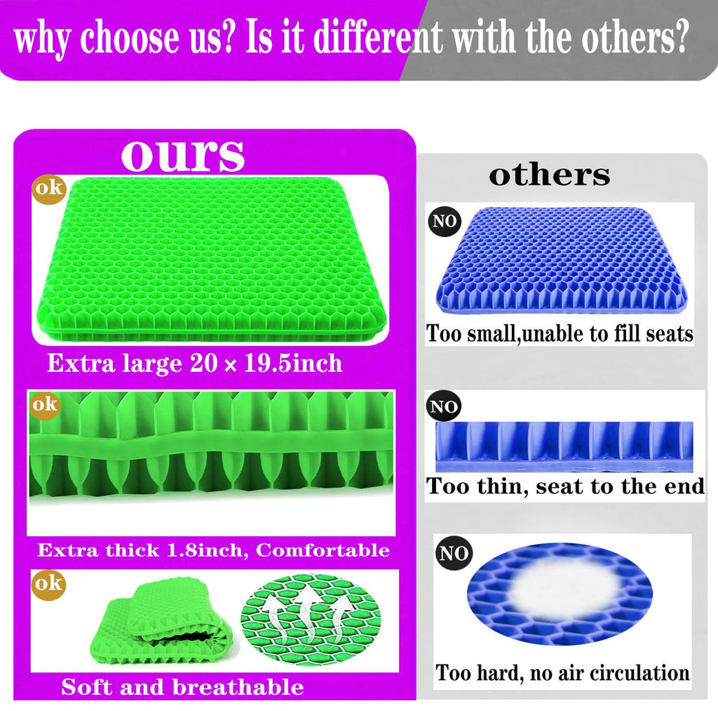 Plus Size Gel Seat Cushion for Long Sitting, Extra Large and Thick Seat Cushion, Back, Hip, Sciatica, Tailbone Pain Relief Cushion for Office Chairs, Wheelchairs, Cars, Stadium. (Grass Green)