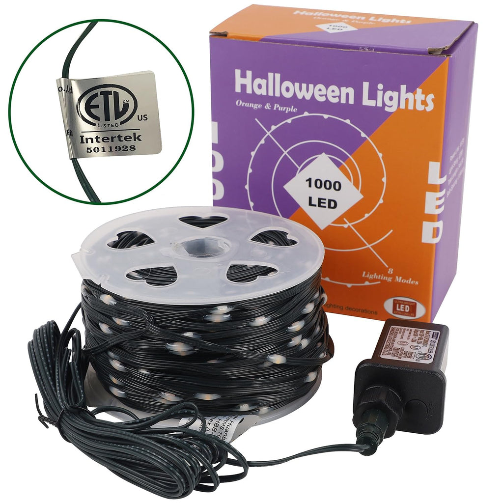 WATERGLIDE Extra Long 328FT Halloween Lights, 1000 LED Outdoor Fairy String Lights, Green PVC Copper Wire Christmas Lights, Plug in 8 Modes & Waterproof for Tree Party Home Yard Decor, Orange&Purple