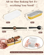 YQER 100 Pack Mini Loaf Pans with Lids, Spoons & Stickers – Disposable Aluminum Foil Baking Cake Containers for Oven, Air Fryer & Freezer – Ideal for Cakes, Bread, Pudding, Parties & Gifting, Gold