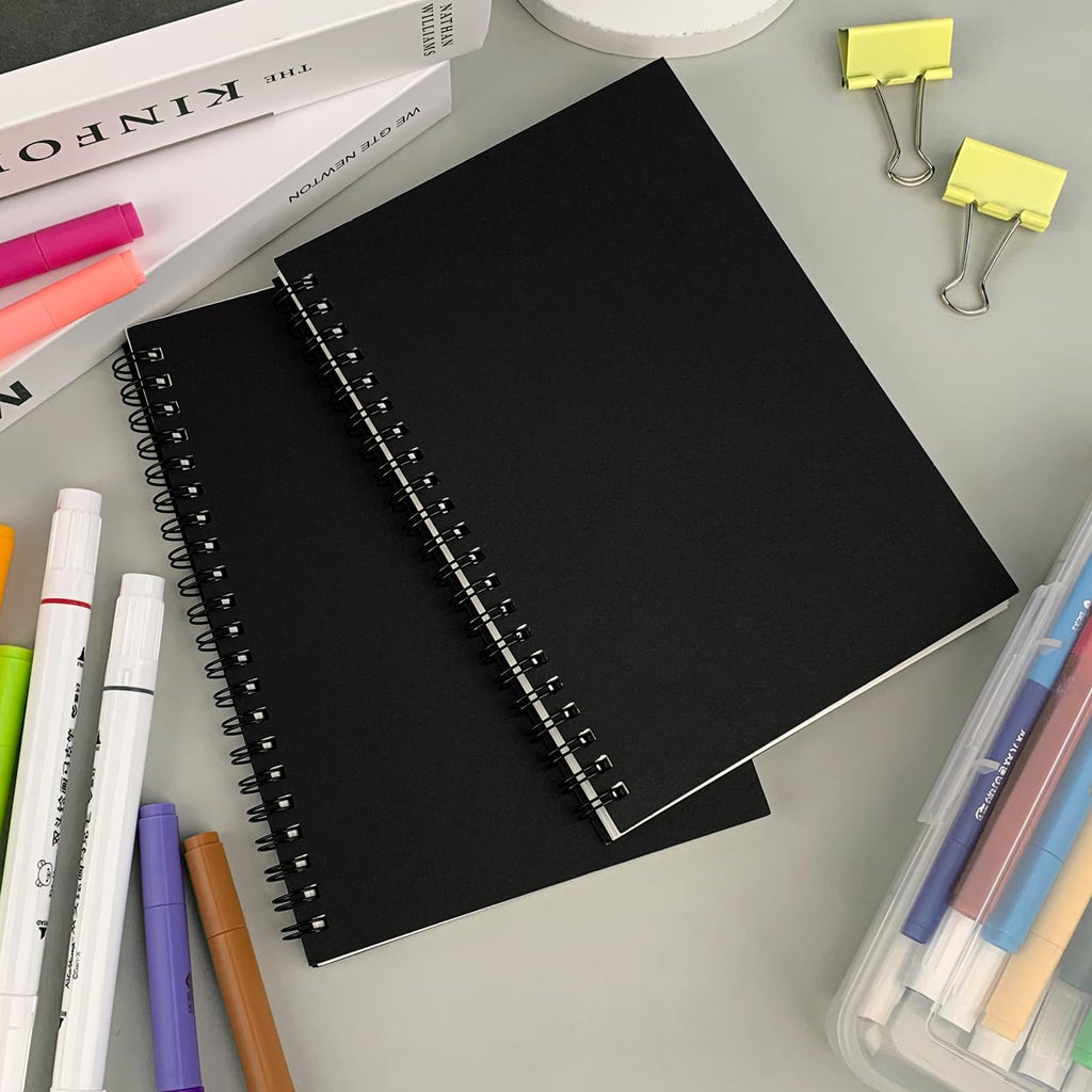 Blank Spiral Notebook, 2-Pack, Soft Cover, Sketch book, 100 Pages / 50 Sheets, 7.5 inch x 5.1 inch, 100GSM, (Black)