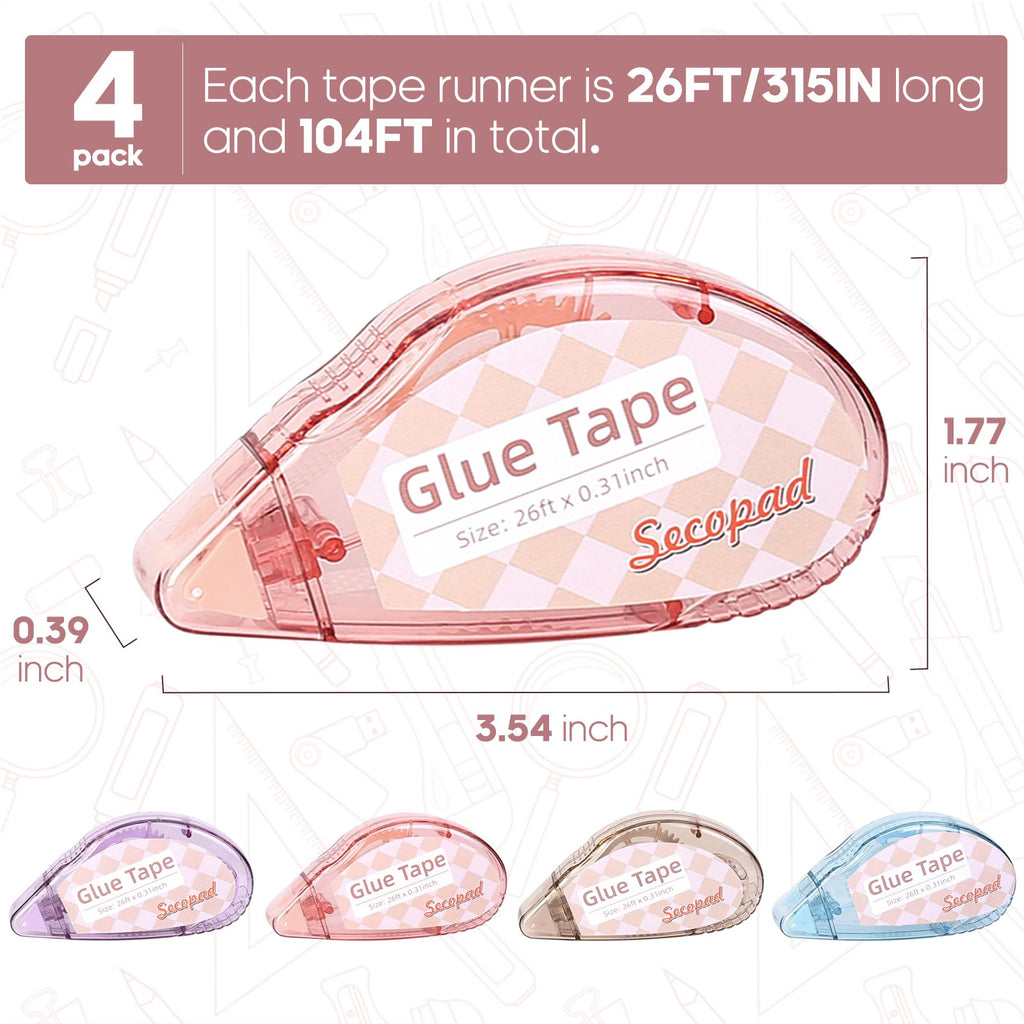 Scrapbook Tape, 4 Pack Double Sided Tape Roller for Crafts, Adhesive Glue Runner Scrapbooking Supplies Journaling School Office Teacher Supplies, 0.3IN x 26FT, Clear Light-Colored Shell