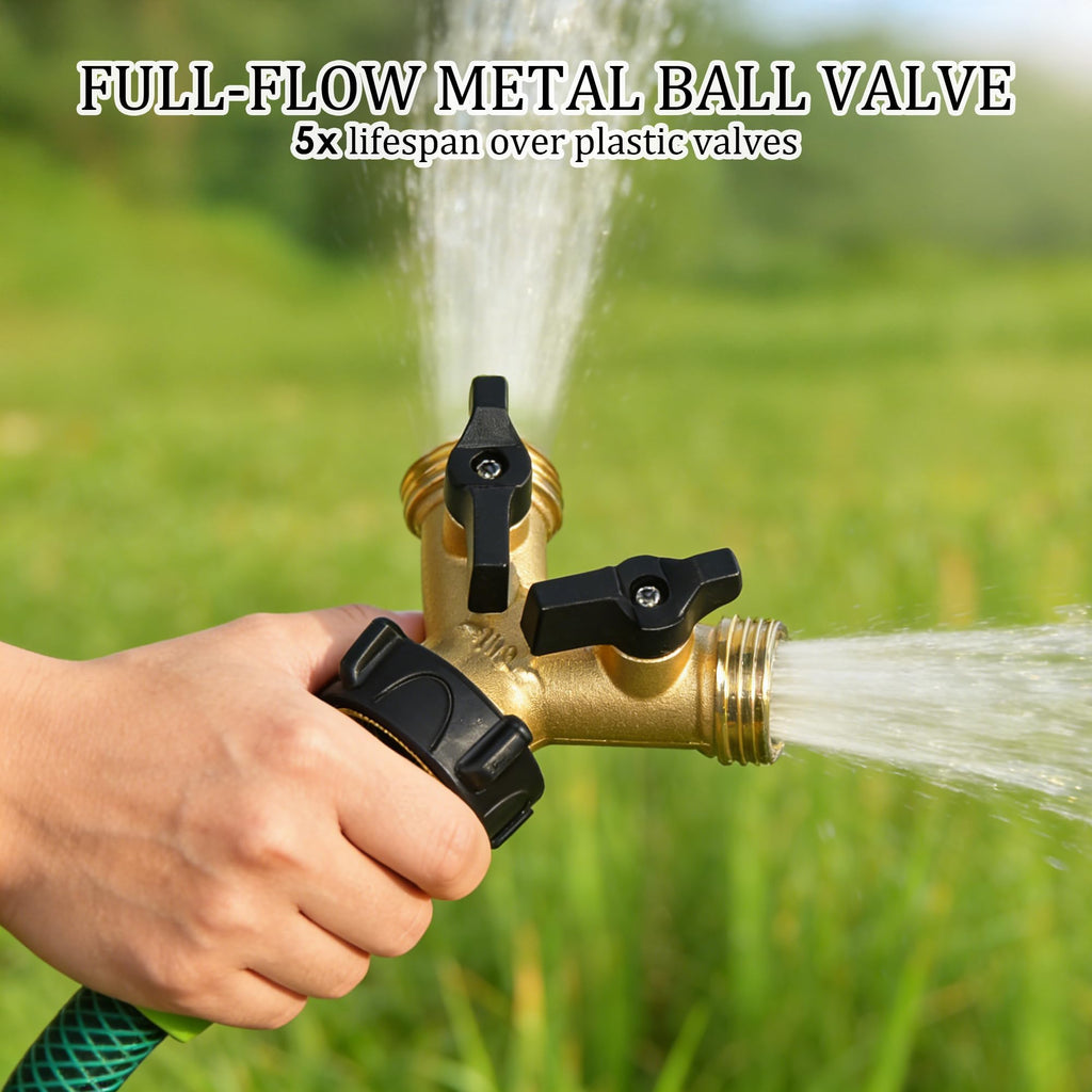 Brass Garden Hose Splitter 2 Way, 3/4 Inch Hose Connector Tap Splitter, Hose Y Splitter, Hose Spigot Adapter 2 Valves with Extra Rubber Washers