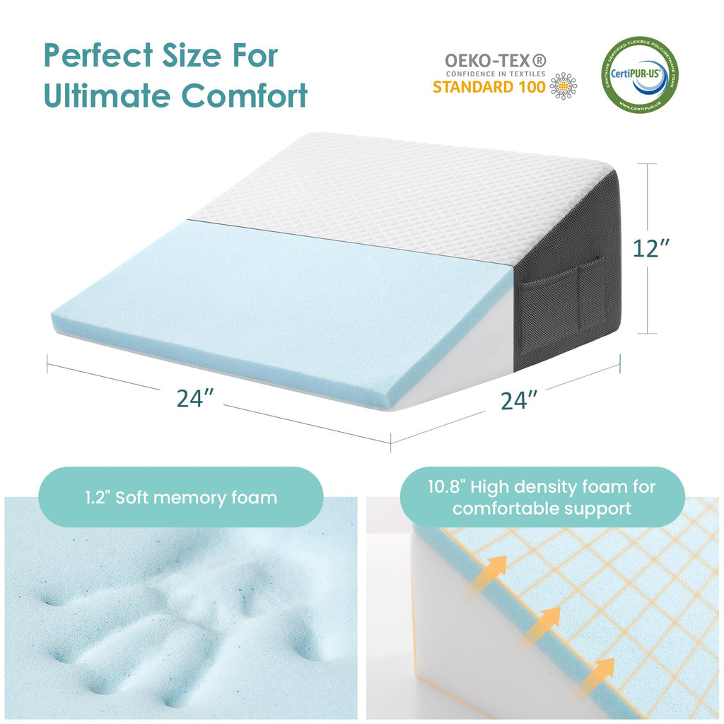 Cozymaker 12" Bed Wedge Pillow for Sleeping After Surgery, Back Support, Leg Elevation, Gerd Acid Reflux, Relief Neck Pain, Sleep Apnea, Snoring, Cooling Memory Foam Triangle Incline Wedge