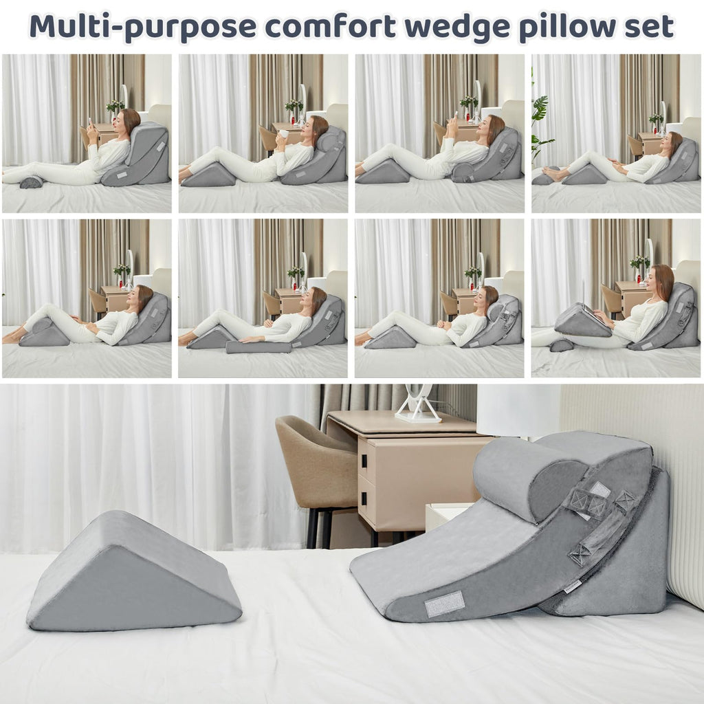 PIASHJOY 4pcs Bed Wedge Pillow for headboard，Elevated Pillows for Sleeping， Foam Wedge for Back Pain Relief and Leg Pain，Pillow Wedge for Acid Reflux Relief and Anti-snoring