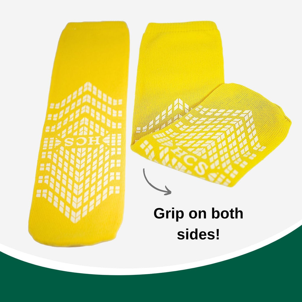 HCS Hospital Socks with Grips for Women & Men (6 Pairs) - Non Slip Socks for Elderly/Non Skid Socks for Seniors - Fall Risk Patient Slippers (Yellow)