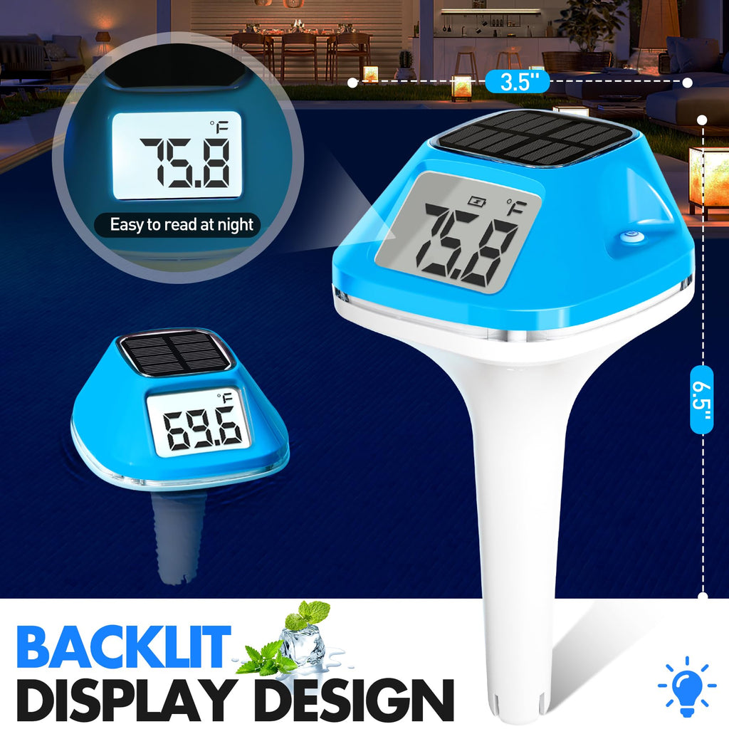 DeeprBlu 2026 New Iteration Solar Digital Pool Thermometer with Rope, Easy Read Extra Large Backilt LCD Display Floating Pool Thermometer, IP68 Waterproof Pools Water Temperature Gauge for Hot tub,Spa