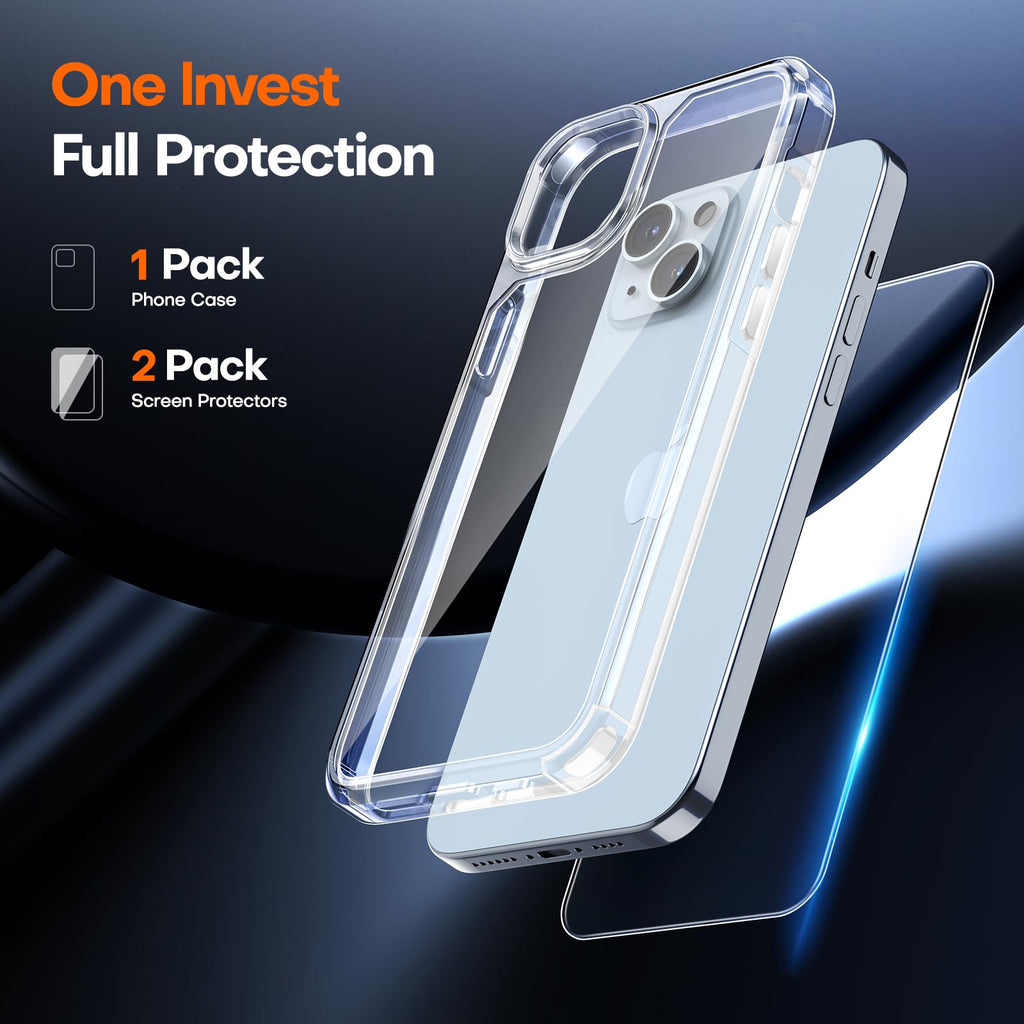 TAURI for iPhone 15 Case, [3 in 1] 1X Clear Case [Not-Yellowing] with 2X Screen Protector, [15 FT Military Grade Drop Protection] Shockproof Slim Phone Case for iPhone 15