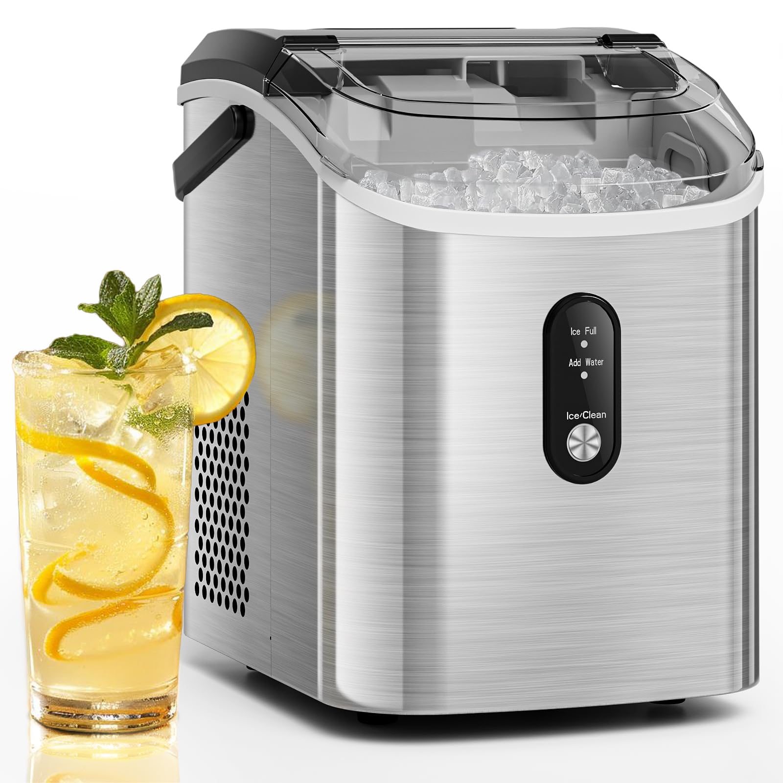 Antarctic Star Nugget Ice Makers Countertop with Auto-Cleaning, 35lbs/Day, Portable Sonic Ice Machine with Handle, Basket and Scoop for Home/Kitchen/Office/Camping(Stainless Steel Silver)