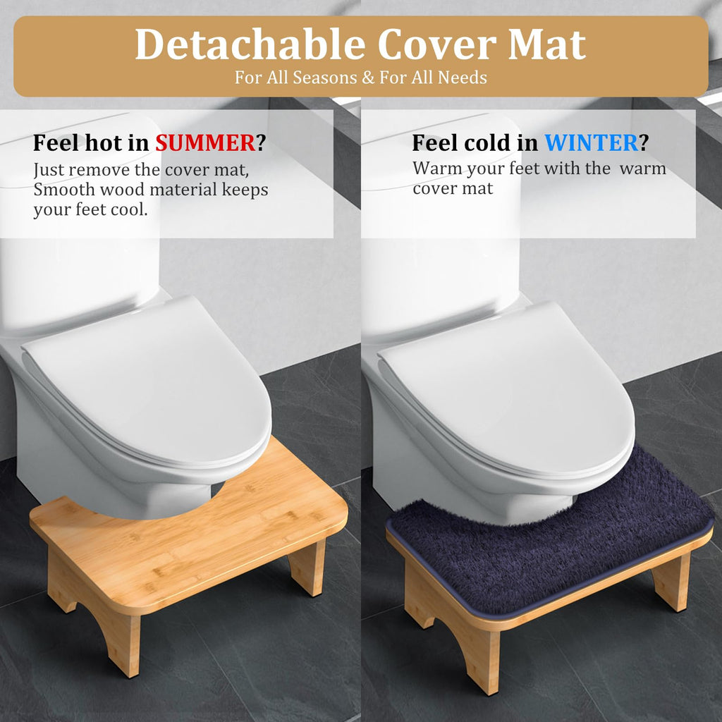 Vatex Bamboo Toilet Stool, 7” Foldable Potty Poop Bathroom Stool with Extra Soft Microfiber Rug and Hooks, Non-Slip Toilet Assistance Step Stool for Adult, Improve Squatting Posture - Healthy Gifts