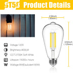4 Pack Vintage LED Edison Bulbs, E26 Led Bulb 60W Equivalent, Dimmable Led Light Bulbs, High Brightness 800 LM Warm White 2700K, ST58 Antique LED Filament Bulbs, Clear Glass Style for Home