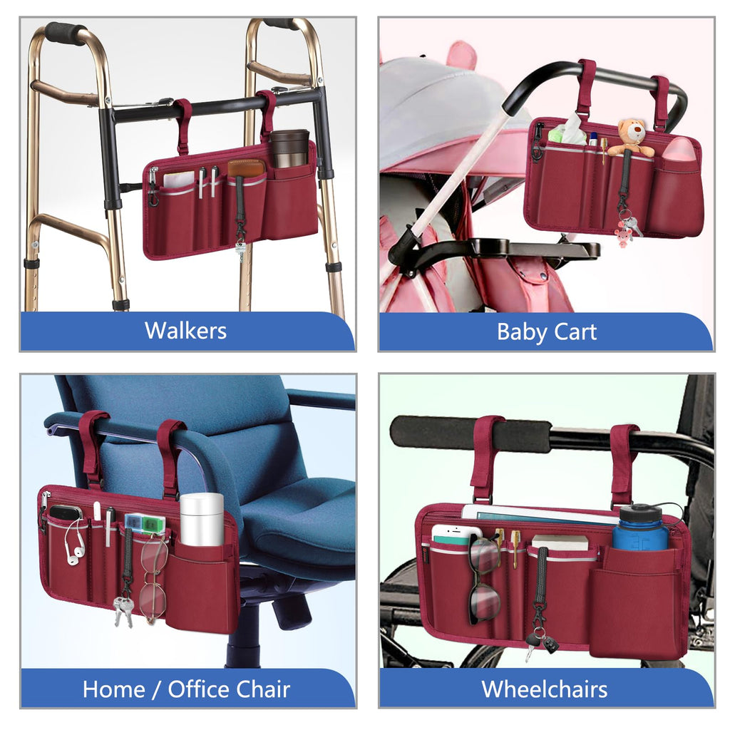 FINPAC Wheelchair Side Storage Bag w/Cup Holder, Wheelchair Armrest Accessories Pouch with Pen Slot and Reflective Strips for Power Wheelchairs, Walkers, Rollators, Seniors (Burgundy)