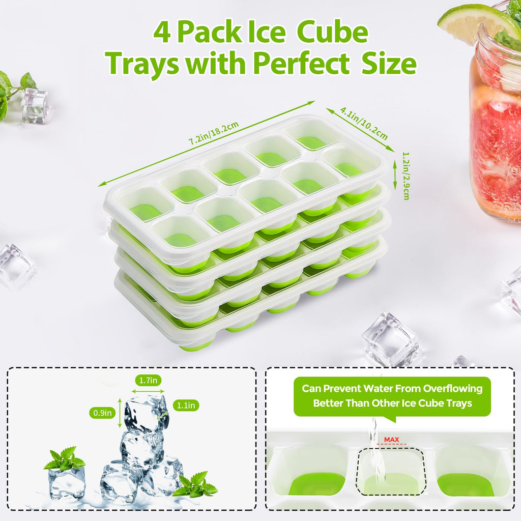 DOQAUS Ice Cube Tray with Lids - 4 Pack Stackable Silicone Ice Trays for Freezer, BPA & LFGB Safe, Easy Release for Kitchen, RV, Cocktail, Coffee, Soup & Food