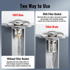 5-in-1 Bathroom Sink Stopper, 2 Pc Pop-Up Drain Stopper with Removable Hair Catcher, Anti-Clog Strainer, Odor Blocking & One-Way Flow Design, All Metal Brass Core & Stainless Steel, Fit 1.1"–2.36"