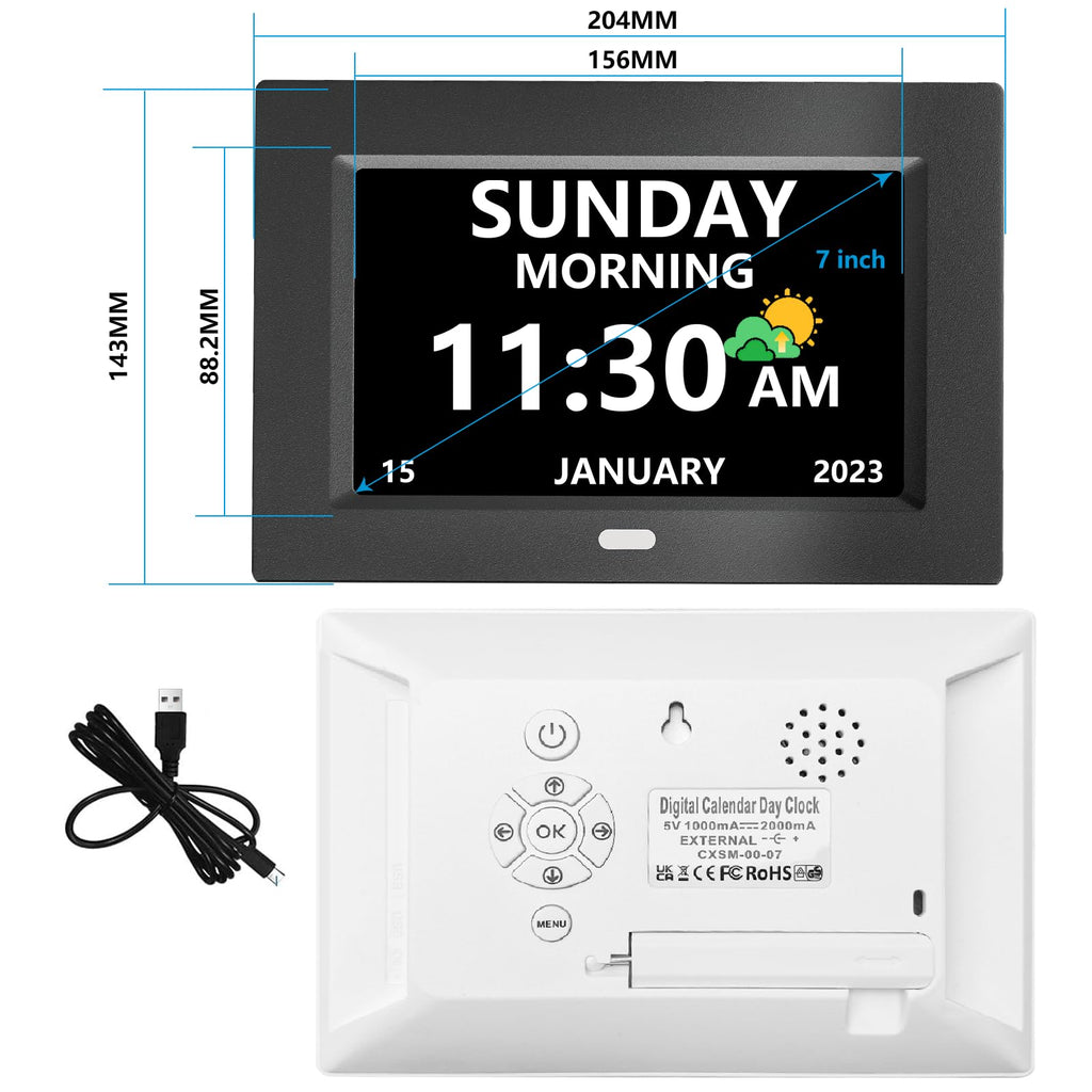 MRCHYDZ 7 Inch Clock with Day and Date for Elderly Large Display Digital Clock 12 Alarms 3 Medicine Reminders Large Font Dementia Clocks Alarm Clock for Seniors Day Clock Black