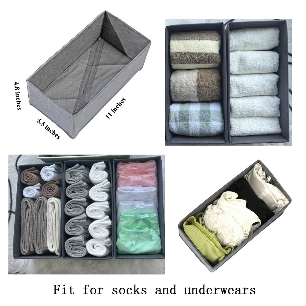 Sock Drawer Organizer 3 Pack - Collapsible Fabric Storage Bins for Underwear Divider, Small Closet Organizers with 3 Compartments, Gray