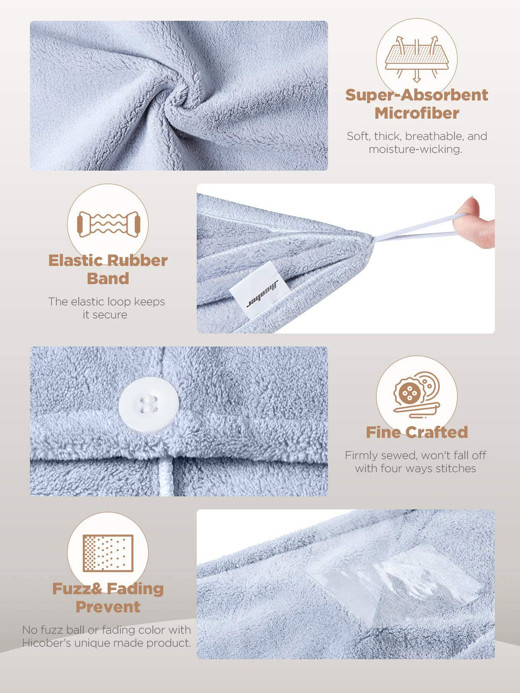 Hicober Microfiber Hair Towel, 3 Packs Hair Turbans for Wet Hair, Drying Hair Wrap Towels for Curly Hair Women Anti Frizz (Grey,Blue,Grey)