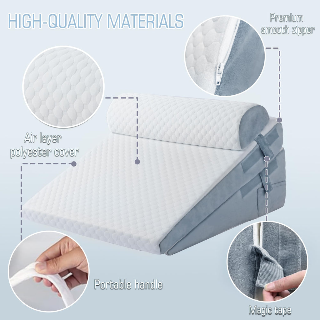 Ziiyllean Bed Wedge Pillow for Sleeping 3Pcs, Adjustable 4.5&7.5&12 Inch Memory Foam Wedge Pillow, Triangle Wedge Pillow Post Surgery Pillow for Acid Reflux, Heartburn, Snoring, Legs and Back Pain