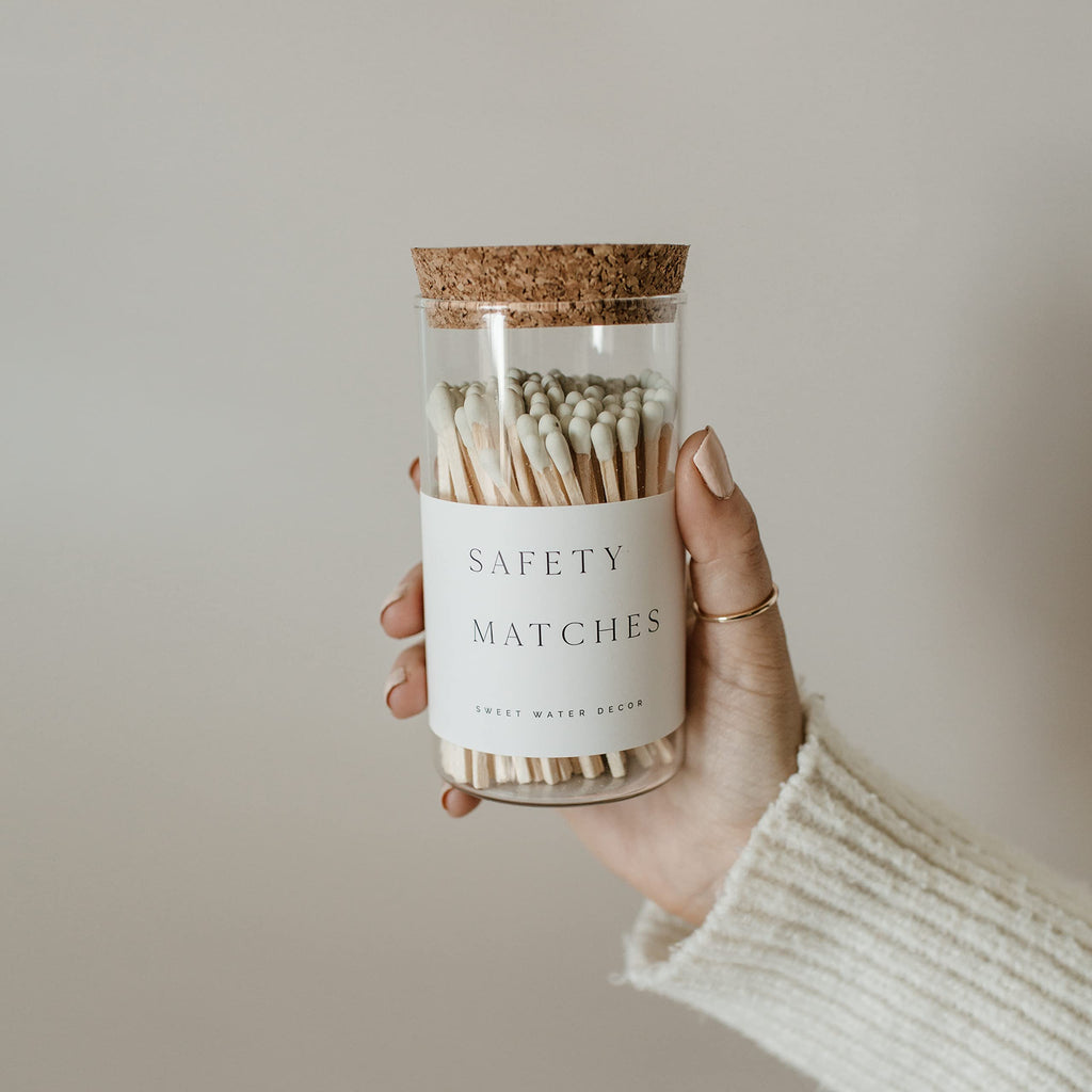 Sweet Water Decor 4" Hearth Matches in Apothecary Glass Bottle | Rustic Jar Approx. 100 Decorative Matchsticks with Strike Pad | Cute Candle Accessory Match Holder Long Matches for Fireplace (White)