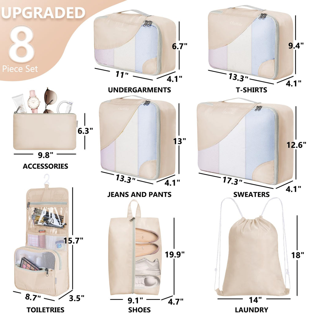 8/10 Sets Packing Cubes for Travel, Sturdy Suitcase Organizer in 4 Sizes (Extra Large, Large, Medium, Small), OlarHike Luggage Cubes with Toiletry Bag, Travel Essentials, Cruise Ship Gifts for Women
