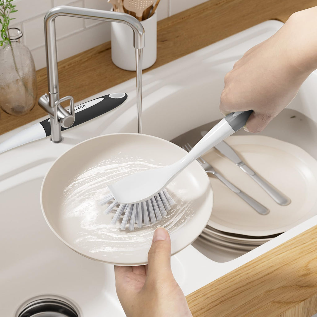 Amazer Dish Brush, 2 Pack Dish Scrubber with Handle, Kitchen Dishwashing Brushes, Scrub Brush with Stiff Bristles for Cleaning, Sink, Pots, Pans (Black+Grey)