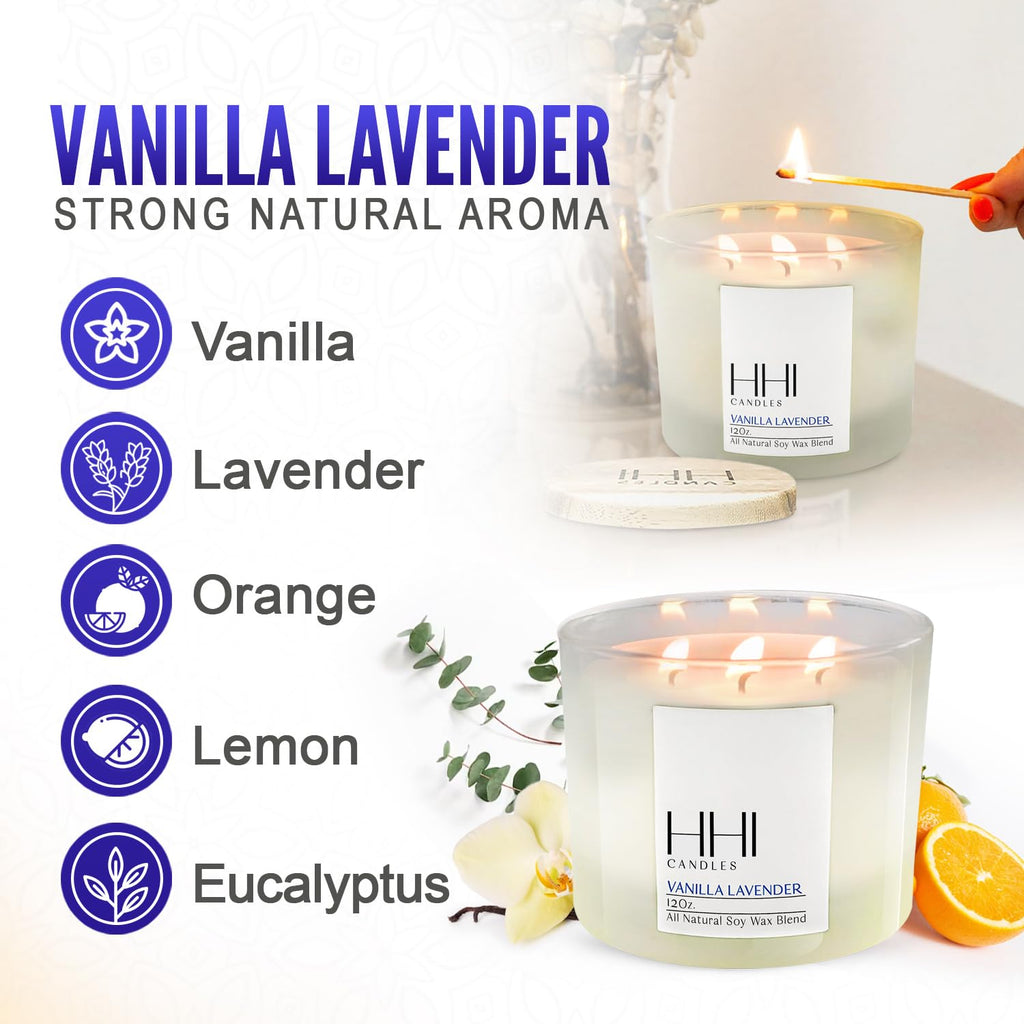 All-Natural Scented Soy Candle | Vanilla Lavender | Fresh Cut Lavender and Warm Vanilla | Large 12 Ounce Three Wick Candle | Long Burn time | Includes Bamboo Lid and Gift Box | HHI Candles