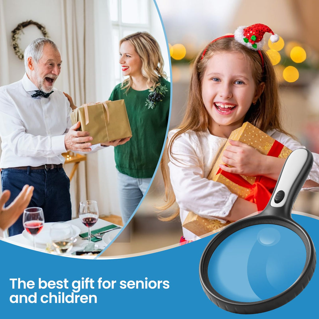 Large magnifying glass with light, 10x 20x handheld clear magnifying glass with 4 LED high brightness lights, free storage bag, cleaning cloth, suitable for The elderly to read, check