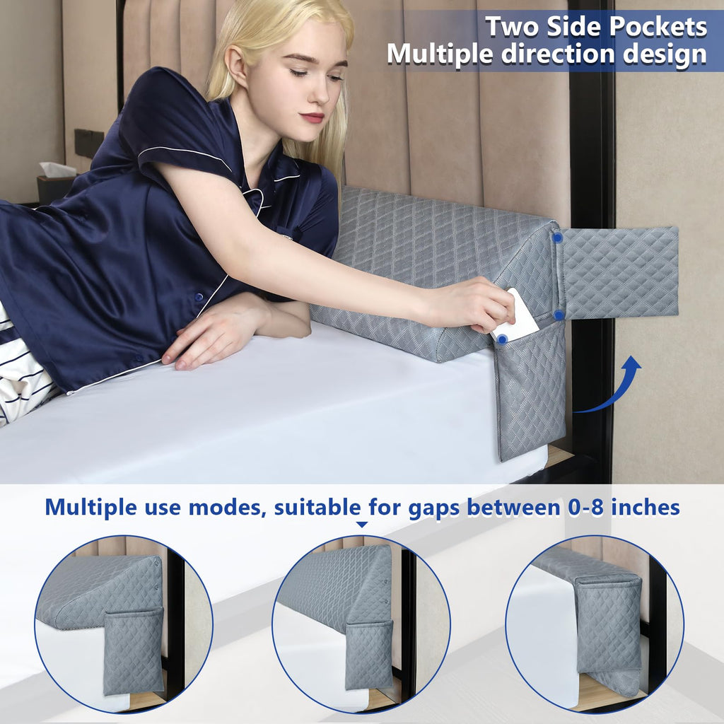 Kayfia King Size Pillow Wedge for Headboard Gap Bed Gap Filller (0-8") Mattress Space Filler Pillow Stopper with 2 Side Pocket Triangle Foam Pillow Wedge Between Headboard Mattress (Grey, 76"x10"x6")