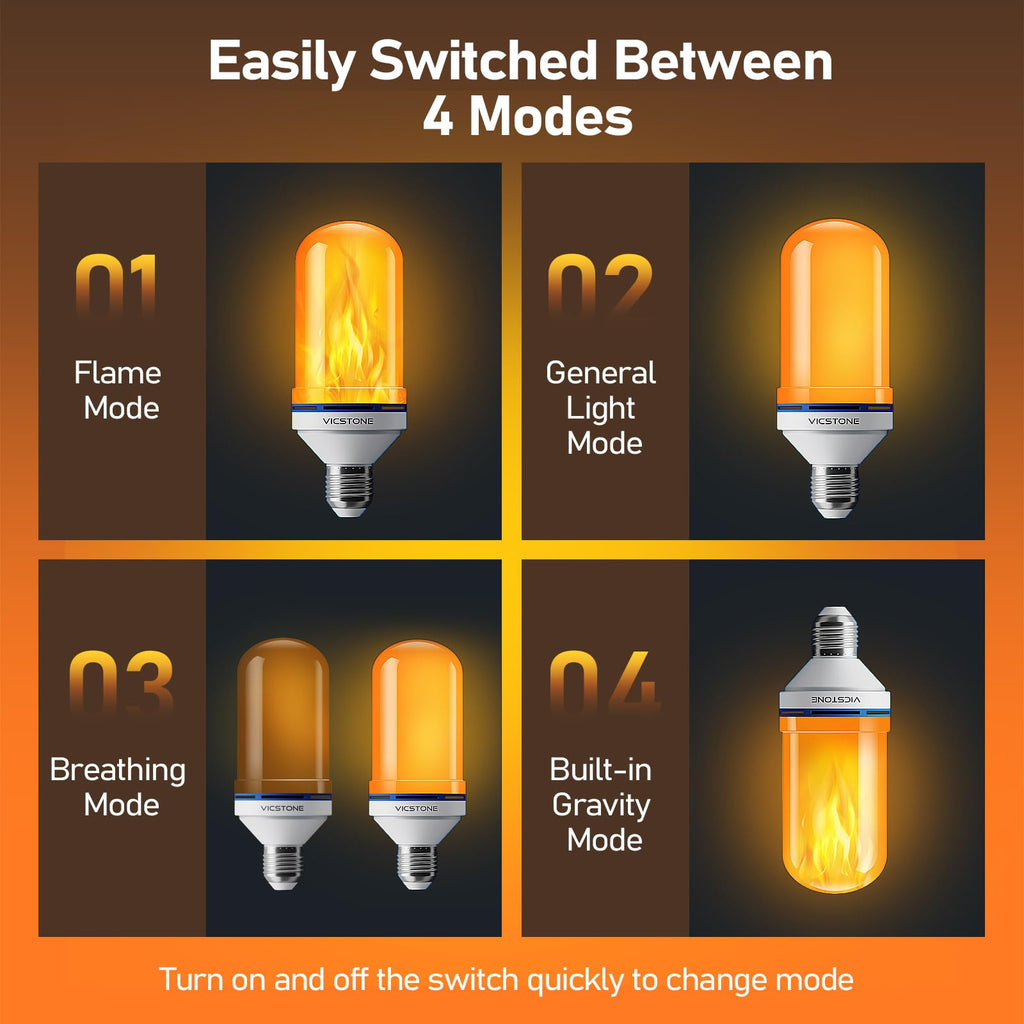Vicstone Upgraded LED Flame Light Bulbs, 4-Mode Flickering Light Bulbs with Upside Down Effect, E26 Fire Light Bulb for Porch Party Patio Home Halloween Christmas Indoor Outdoor - 4 Pack