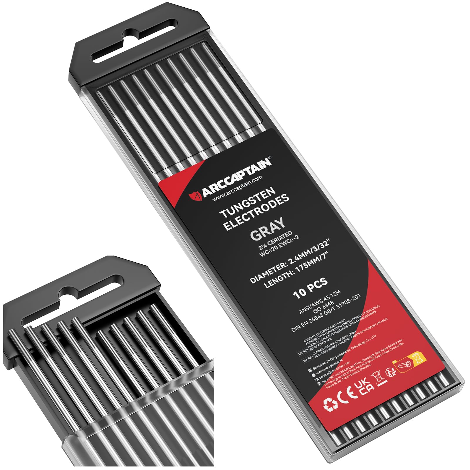 ARCCAPTAIN TIG Welding Tungsten Electrode 10-Pack 3/32"x 7"(Grey - 2% Ceriated, WC20/EWCe-2)
