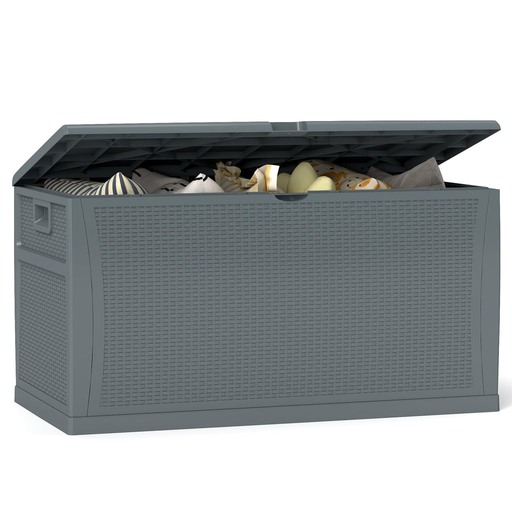 ZYJOYY 100 Gallon Resin Deck Box Waterproof Outdoor Storage Box and Patio Furniture Side Table for Pool Accessories, Gardening Tools, Outdoor Indoor Cushions, Lockable, UV Resistant