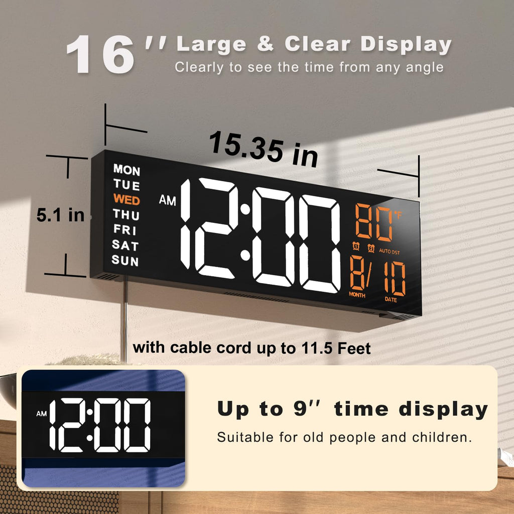 JALL 16" Large Digital Wall Clock Timer, Remote Controll, 2 Alarms, LED Display, 8 RGB Color, Auto DST, Temperature for Living Room, Bedroom, Desk, Mounted, Gift for Elderly (White Orange, 16 inches)