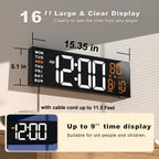 JALL 16" Large Digital Wall Clock Timer, Remote Controll, 2 Alarms, LED Display, 8 RGB Color, Auto DST, Temperature for Living Room, Bedroom, Desk, Mounted, Gift for Elderly (White Orange, 16 inches)